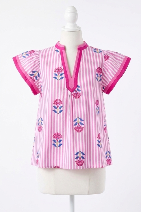 UMGEE Tops - NEW UMGEE embroidered striped flutter sleeve top in pink